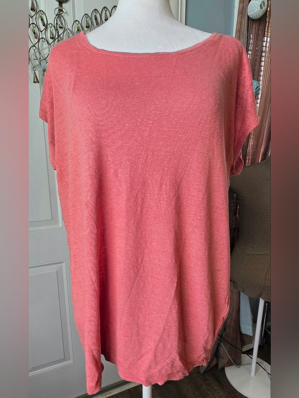 Tahari 100% Linen Boatneck Button-down Back Tunic Womens XL Coral Cap Sleeve